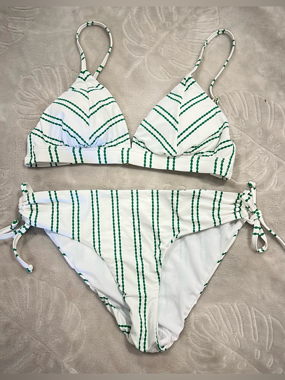 NWOT Bikini Lab Green/White Striped Fixed Triangle Bikini Top & Bottom Set